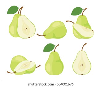 Pears. Cut green pear fruits. Collection of vector illustrations. 