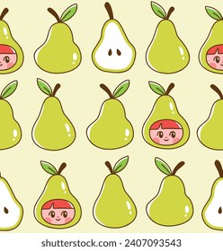 Pears with cute kids faces seamless pattern. Vector illustration of adorable children and pear slices. Hand drawn elements in colorful cartoon style.