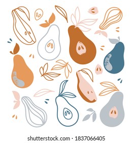 PEARS Delicious Fruit Garden Vegetable Nature Hand Drawn Flat Design Cartoon Vector Illustration For Print