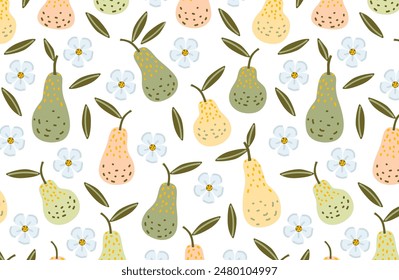 Pears with flowers and leaves pattern.  Pear fruits on dark white background. Floral design for fabric designs, and wallpapers.