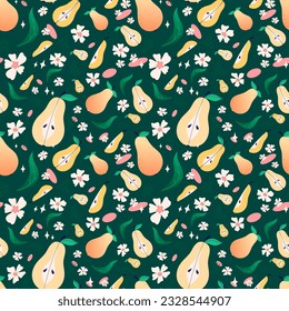 Pears with flowers and leaves, pear slices of summer fruits. Seamless pattern for packaging design, web design, textiles. Vector illustration, colorful background for textures