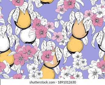 Pears and flowers on a purple background. Seamless vector pattern for textiles