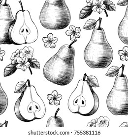 Pears and flowers. Vector seamless pattern