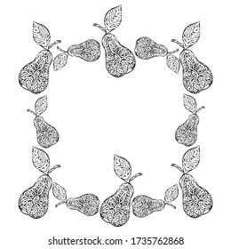 Percibe el marco sobre un fondo blanco. Dibujado a mano. Blanco y negro. Frutos de dibujo a mano vectorial. La ilustración se puede aplicar a la tela, el papel pintado o el papel envolvente.