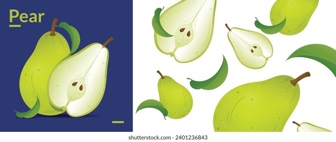 pears. full and half cut green pear fruit pattern collection isolated on white background.