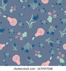 Pears, gooseberries, and flowers seamless vector pattern. Folk inspired farm fruit themed surface print design. Great for fabrics, stationery and packaging.