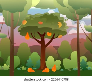 Pears are growing. Mature fruit tree with ripe fruits. Cartoon fun style. In clearing near green forest landscape. Flat design. Vector