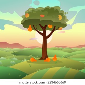 Pears are growing. Rural view of farmland. Mature fruit tree with ripe fruits. Cartoon fun style. Flat design. Vector