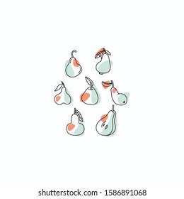 Pears hand drawn Sketch set. Fruit icons in black and white ink style. Whole and chopped pears with leaves, isolated on white background vector illustration