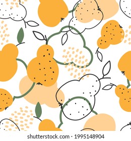 Pears hand-drawn one-line art seamless pattern. Trendy vector clipart graphics. Minimalist craft trendy graphics
