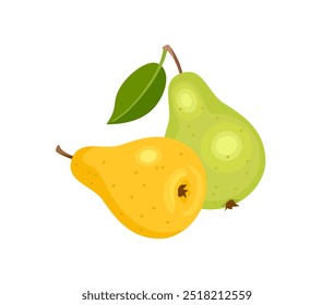 Icono de peras. Dos peras - verde y amarillo con la hoja. Vector ilustración plana de dibujos animados de frutas maduras dulces.