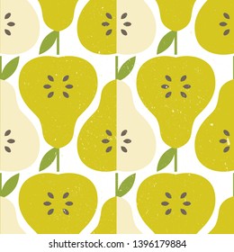 Pears and leaves background. Hand drawn overlapping backdrop. Colorful wallpaper vector. Seamless pattern with fruits. Decorative illustration, good for printing. Design poster