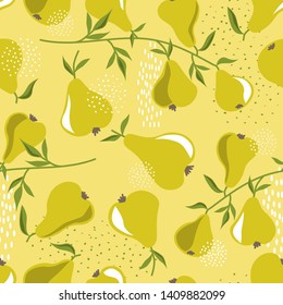 Pears and leaves background. Hand drawn overlapping backdrop. Colorful wallpaper vector. Seamless pattern with fruits. Decorative illustration, good for printing. Design poster