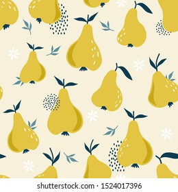 Pears and leaves background. Hand drawn overlapping backdrop. Colorful wallpaper vector. Seamless pattern with fruits. Decorative illustration, good for printing. Design poster