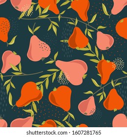 Pears and leaves background. Hand drawn overlapping backdrop. Colorful wallpaper vector. Seamless pattern with fruits. Decorative illustration, good for printing. Design poster