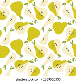 Pears and leaves background. Hand drawn overlapping backdrop. Colorful wallpaper vector. Seamless pattern with fruits. Decorative illustration, good for printing. Design poster