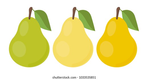Pears with leaves in different angles. Set of colored icons. Vector illustration.