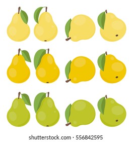Pears with leaves in different angles. Set of colored icons. Vector illustration.