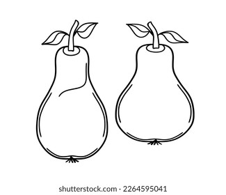 Pears with leaves, freehand drawing of the fruit, with a black outline, on a transparent background