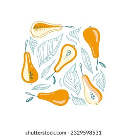 Pears and leaves. Stylish pear vector design. Flat illustration.
Design element for poster, postcard, print, cover, etc.