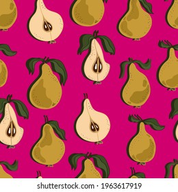 Pears with leaves, whole and chopped. Pear  seamless pattern. Background for wallpaper, fabric, paper, scrapbooking, menu and packaging