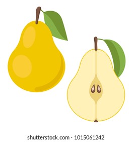Pears with leaves, the whole fruit and cut in half. Set of colored icons. Vector illustration.