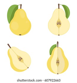 Pears with leaves, the whole fruit and cut in half. Set of colored icons. Vector illustration.