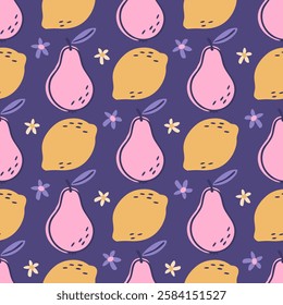 Pears and Lemons on purple background. Vector seamless pattern of pink pears and yellow lemons. Vibrant colors. Perfect for textiles, packaging, wallpapers and home decor.