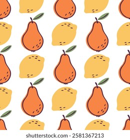 Pears and Lemons on white background. Vector seamless pattern of pears and lemons. Vibrant colors. Perfect for textiles, packaging, wallpapers, and home decor.