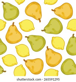 Pears and lemons seamless pattern. Ripe fruits background. Sketch hand drawn style.