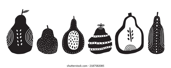 Pears linocut in scandinavia boho style set isolated