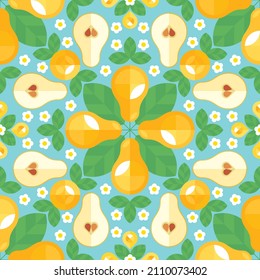 Pears modern abstract background. Garden fruit  geometric mosaic pattern. Symmetrical decorative ornament with whole and halves yellow pears, leaves and flowers