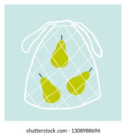 Pears in net bag. Vector zero waste illustration