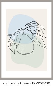 Pears on a branch with leaves. Template with abstract composition, linear fruit art. Minimalism, Pastel earthy colors. Vector banners for postcards, wall art and social media covers.