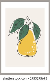 Pears on a branch with leaves. Template with abstract composition of simple shapes and fruits. Minimalism, Pastel earthy colors. Vector banners for postcards, wall art and social media covers.