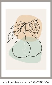 Pears on a branch with leaves. Template with abstract composition, linear fruit art. Minimalism, Pastel earthy colors. Vector banners for postcards, wall art and social media covers.