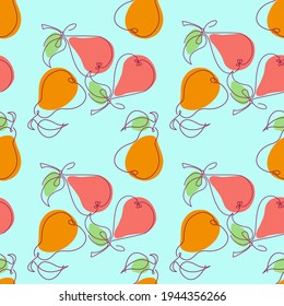 Pears one line, seamless pattern, drawn fruit with color spots. Organic simple icon. Colorful wallpaper. Food object in minimal graphic. Perfect for fabrics print, background, wallpaper. EPS 8