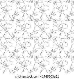 Pears one line, seamless pattern, drawn fruit. Food object in minimal graphic black and white. Perfect for fabrics print, background, wallpaper. EPS 8.
