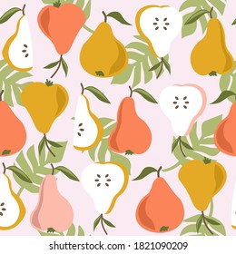 Pears, palm leaves, background. Hand drawn overlapping backdrop. Colorful wallpaper vector. Seamless pattern with fruits. Decorative illustration, good for printing. Design poster