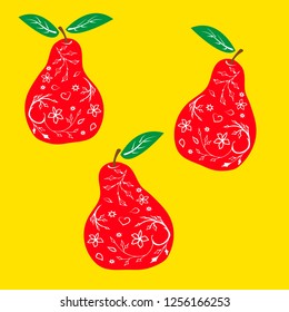 Pears red with white floral pattern. Vector illustration isolated on yellow background.