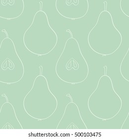 Pears seamless contour pattern. Full and sliced fresh pears. Design for textile, paper, wrapping. Vector illustration.