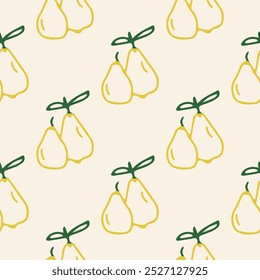 pears seamless pattern of doodle outline. Hand drawn background for Autumn harvest holiday, Thanksgiving, Halloween, seasonal, textile, scrapbooking, paper crafts.