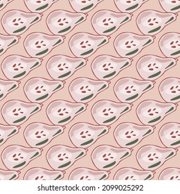 Pears of seamless pattern. Hand drawn background fruit. Repeated texture in doodle style for fabric, wrapping paper, wallpaper, tissue. Vector illustration.