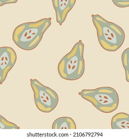 Pears of seamless pattern. Hand drawn background fruit. Repeated texture in doodle style for fabric, wrapping paper, wallpaper, tissue. Vector illustration.