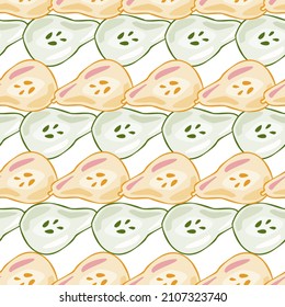 Pears of seamless pattern. Hand drawn background fruit. Repeated texture in doodle style for fabric, wrapping paper, wallpaper, tissue. Vector illustration.