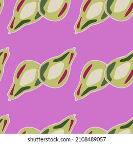 Pears of seamless pattern. Hand drawn background fruit. Repeated texture in doodle style for fabric, wrapping paper, wallpaper, tissue. Vector illustration.