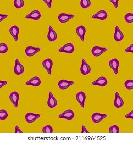 Pears of seamless pattern. Hand drawn background fruit. Repeated texture in doodle style for fabric, wrapping paper, wallpaper, tissue. Vector illustration.