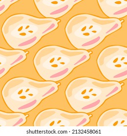 Pears of seamless pattern. Hand drawn background fruit. Repeated texture in doodle style for fabric, wrapping paper, wallpaper, tissue. Vector illustration.