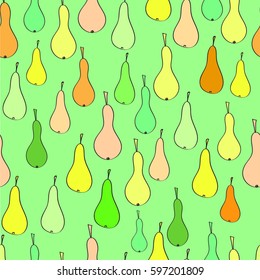 Pears seamless pattern in a naive style  on a green background, Freehand drawing vector.
