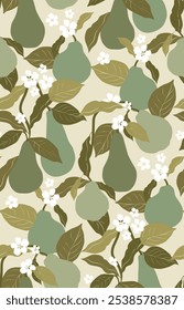 Pears seamless pattern, trendy summer fruits in green color palette. Fruits print for different purposes. Retro groovy sweet design.